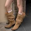 Vintage Maillard Boots Big Tube Skinny Pleated Pile Boots Women's Pointed Thick Heel Khaki Boots