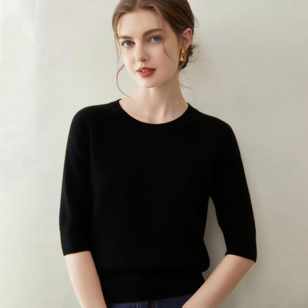 2026 Autumn/Winter Women's Pure Cashmere Short Sleeve Round Neck Loose Knit Sweater
