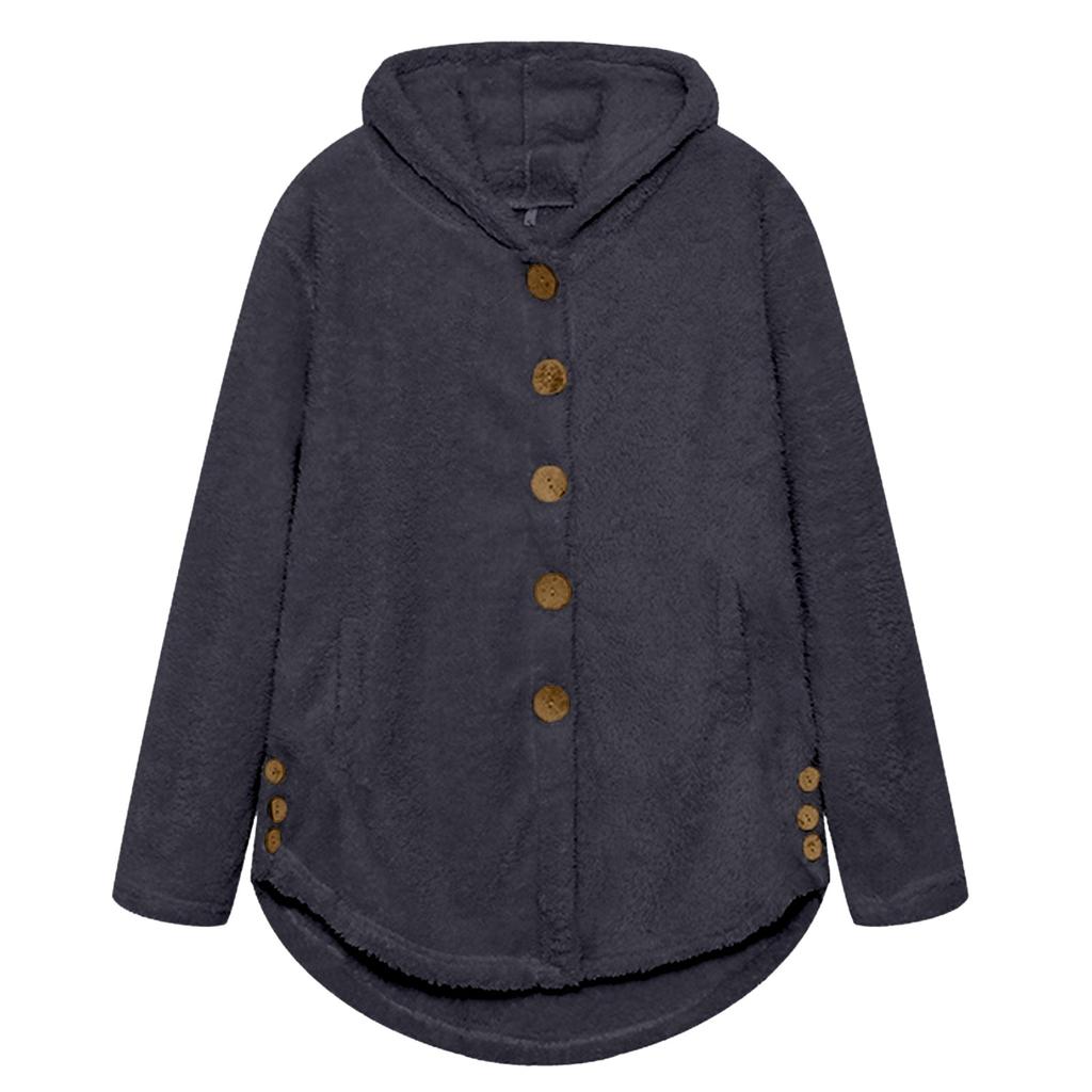 Женская свободная повседневная однотонная плюшевая куртка с капюшоном и длинными рукавами на пуговицах, модная куртка