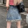 Классическая универсальная молодежная износостойкая юбка Полувинтажная юбка А-силуэта с принтом в виде талии Юбка с кисточками Необработанный край Женская летняя модная джинсовая короткая юбка