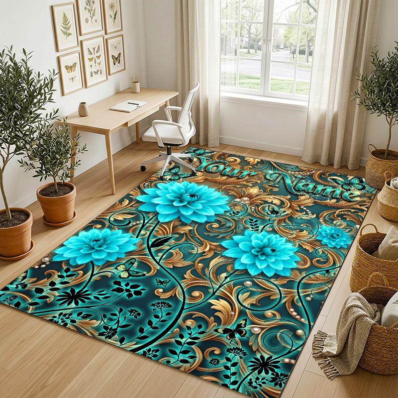 Floral Garden Theme Crystal Velvet Rug Personalized Custom Name Text Soft Floor Mat Home Decor
