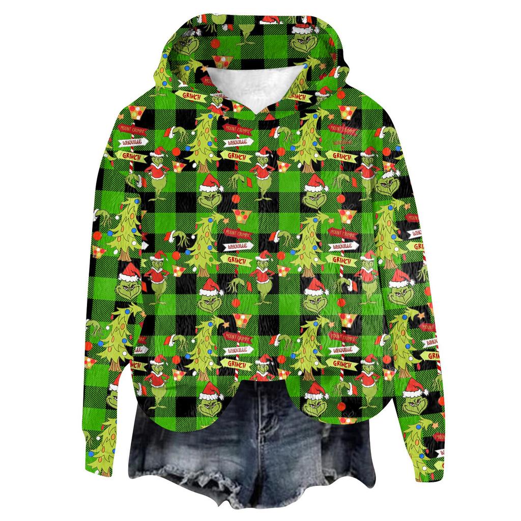 Women's Hooded Long Sleeve Christmas Printed Flannel Top Hooded Sweatshirt