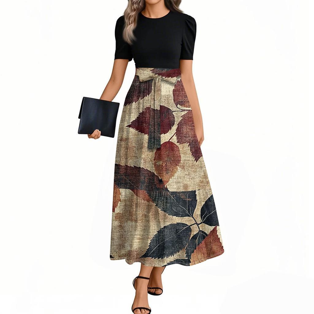 Женское элегантное модное повседневное платье с цветочным принтом и поясом, короткими рукавами и круглым вырезом