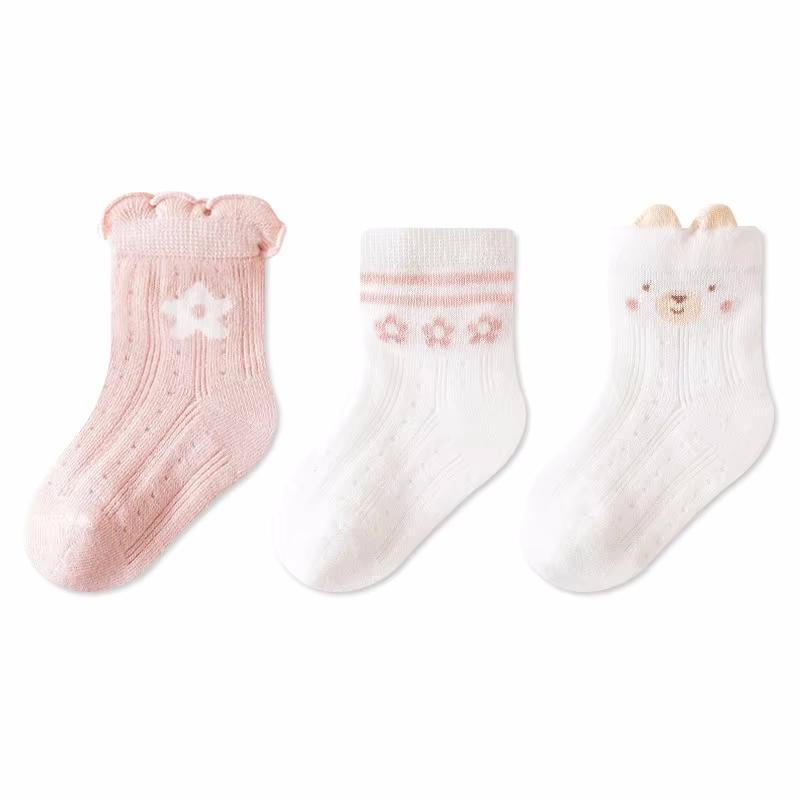 3 пары/комплект летних носков для новорожденных девочек и мальчиков, милые сетчатые тонкие носки с рисунком для младенцев, короткие носки для детей от 0 до 5 лет
