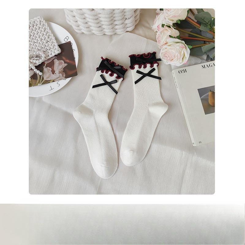 Женские гольфы до середины икры Ankela Red на двойной игле со свободным отверстием и контрастным цветом, двойным бантом на пуговицах, носки-гольфы