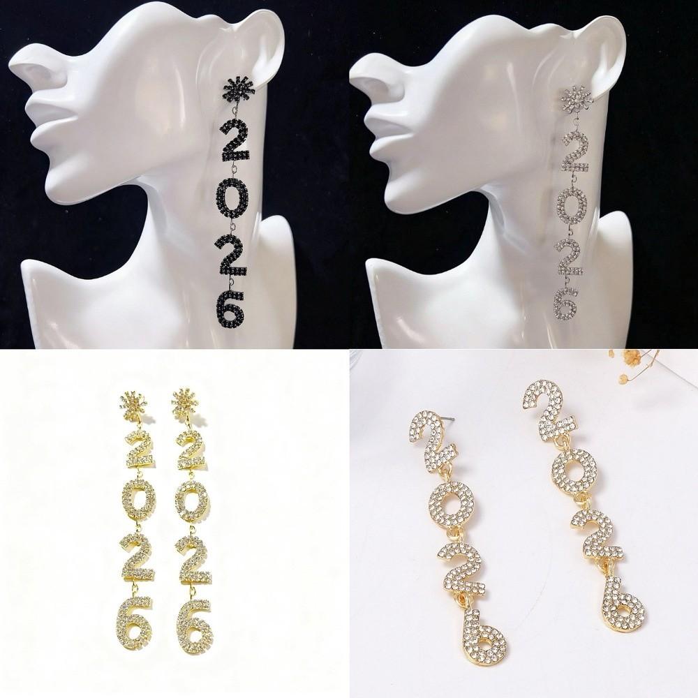Aesthetic 2026 Stud Earrings Jewelry Rhinestone Happy New Year Earrings Shiny Snowflake Crystal Party Earrings Pendant New Year