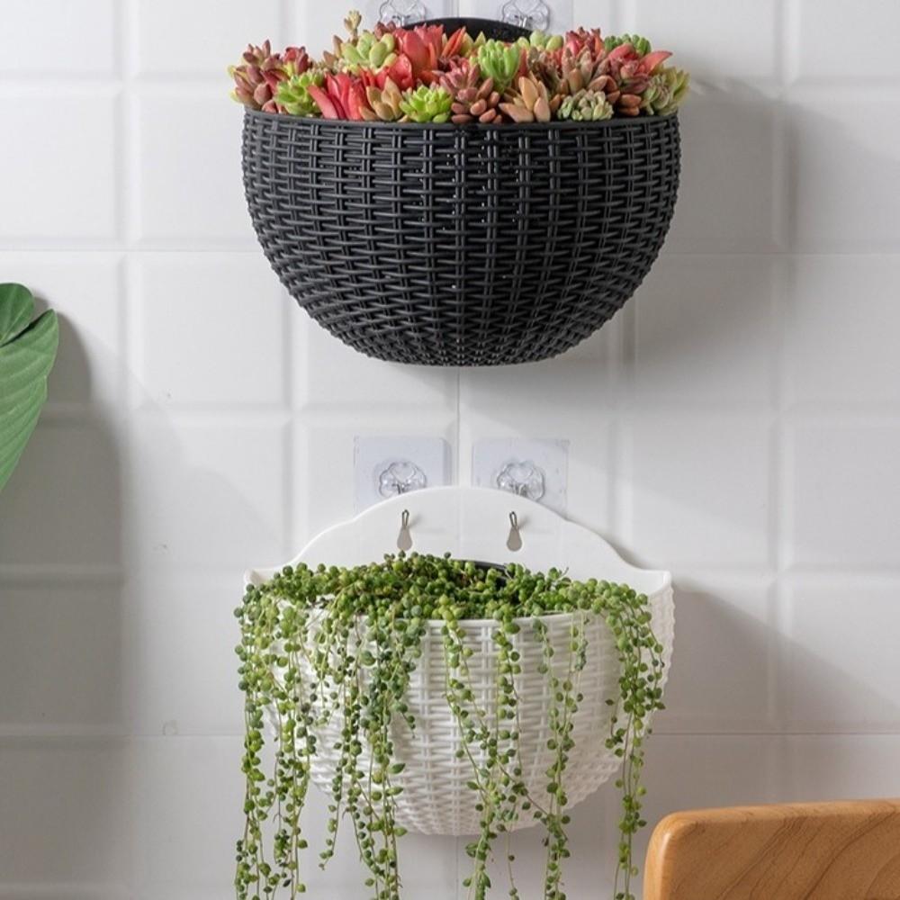Plastic Rattan Weaving Hanging Flowerpot Half Round Over Fence Planter Wall Flower Pot Flower Shop