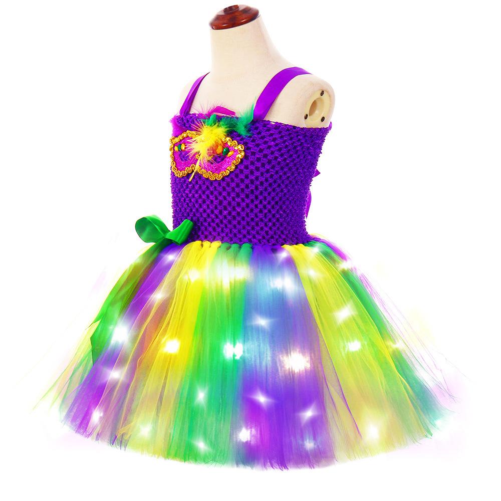 Mardi Gras Purple Green Yellow LED Tutu Dress, Girls Carnival Party Flashing Performance Outfit