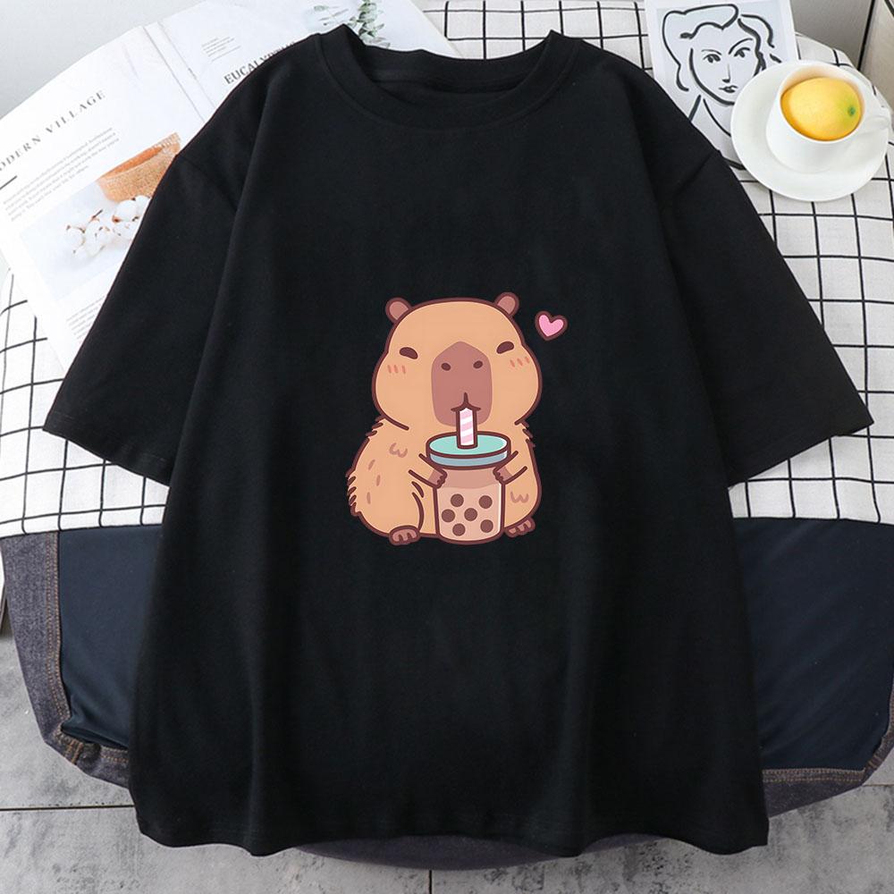 Футболка Capybara Loves Drinking Bubble Tea, 100% хлопок, летняя одежда, повседневная женская/мужская футболка Kawaii, милые рубашки для девочек, мода