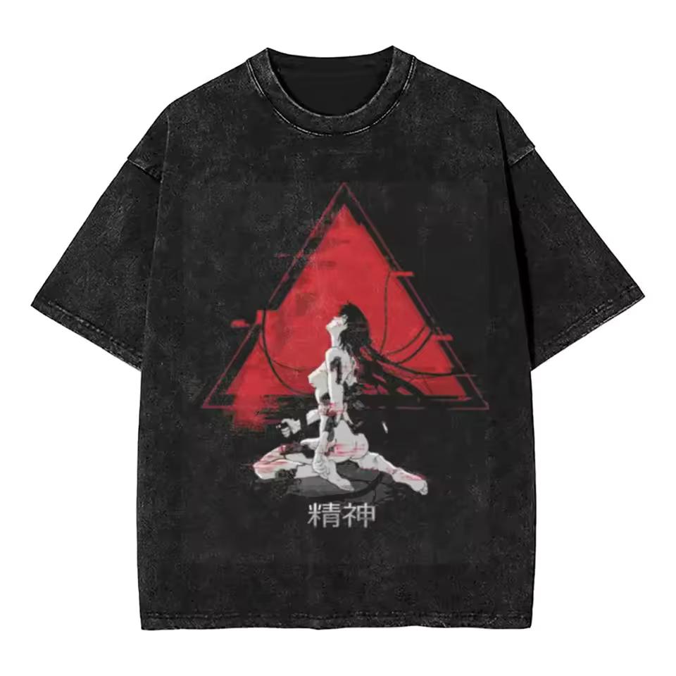 Ghost in The Shell T-shirt Japanese Manga Cyberpunk Vintage Washed Anime Graphic Unisex Oversized Streetwear Cotton Tee Tops