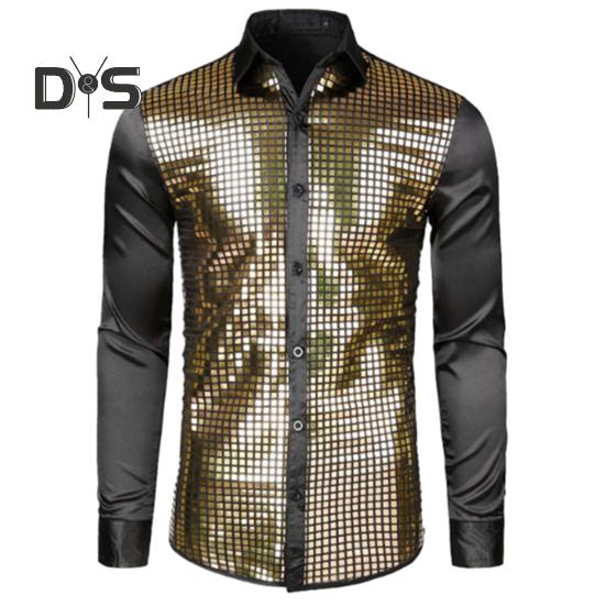 Мужская рубашка для клубных танцев, однобортная, с блестящими пайетками на лацканах, облегающая, с цветными полосками, глянцевая, с длинным рукавом, для выступлений