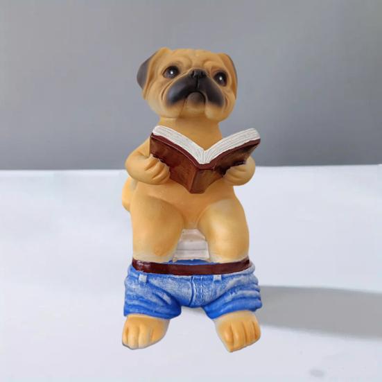 Pug Sitting On Toilet Figurine Reading Book Dog Resin Statue Puppy Animal Sculpture