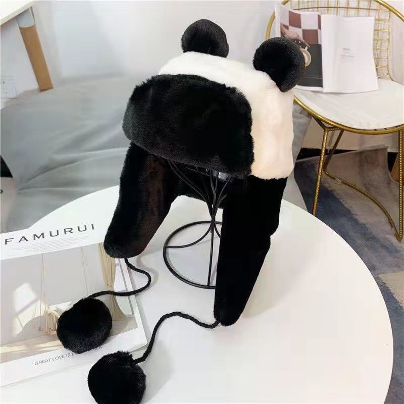Cute Panda Bomber Hats Trend Ins Design Plush Ear Protection Aviator Hat Autumn Winter Street Velvet Lovely Warm Hat