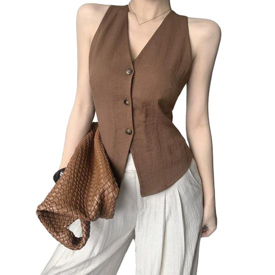 Женский жилет халтер с V-образным вырезом, без спинки, однобортный, без рукавов, с асимметричным подолом, жилетный топ, летний повседневный