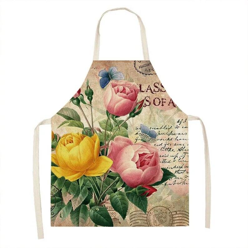 1pc Sunflower Floral Pattern Linen Apron Dinner Bib Kitchen Cooking Baking Apron Anti-Stain Cleaning Tool Unisex