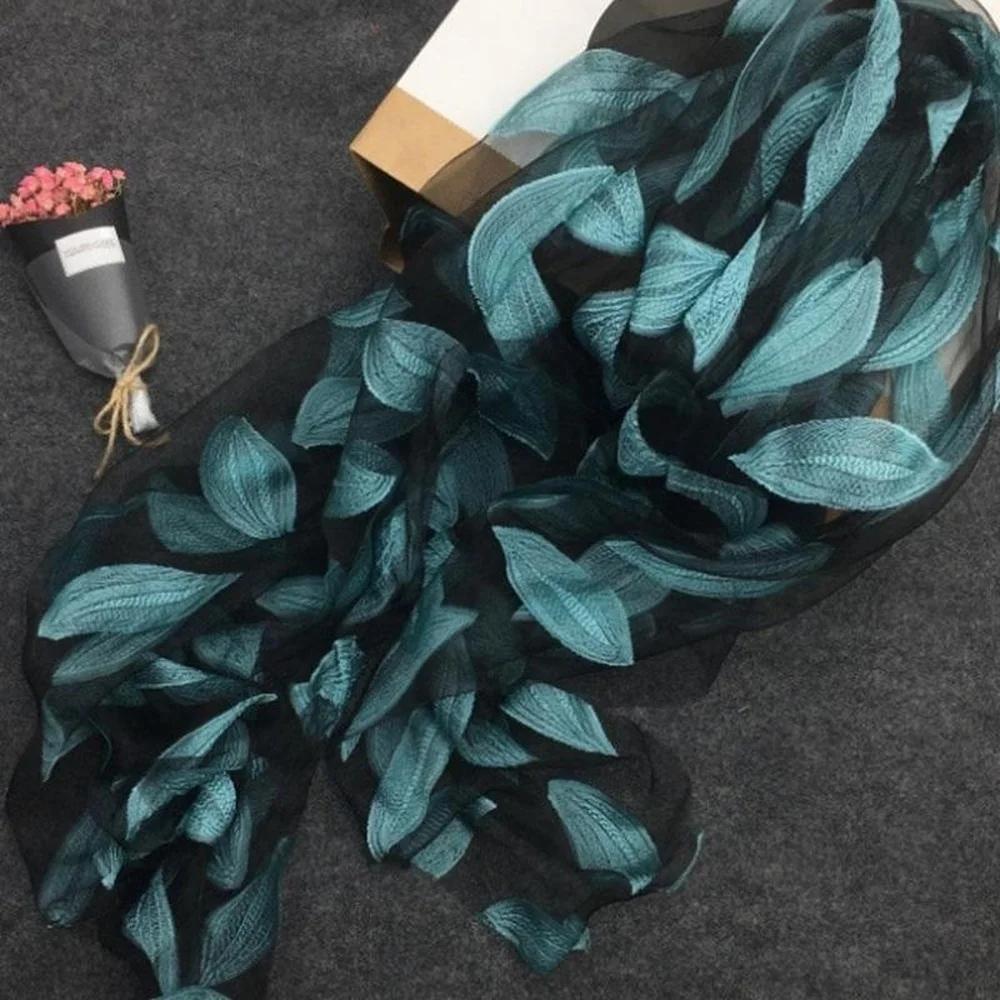 1 Pcs Embroidered Flower Simulation Silk Scarf Transparent Lace Leaf Scarf Sunscreen Shawl Beach Towel Muslim Headscarf