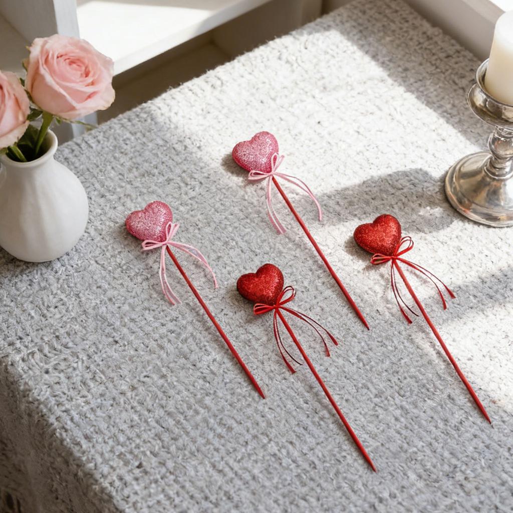 10pcs Valentine's Day Glitter Heart Decor Picks Red Pink Ribbon Ornaments Wedding Party Flower Arrangement Table Decor