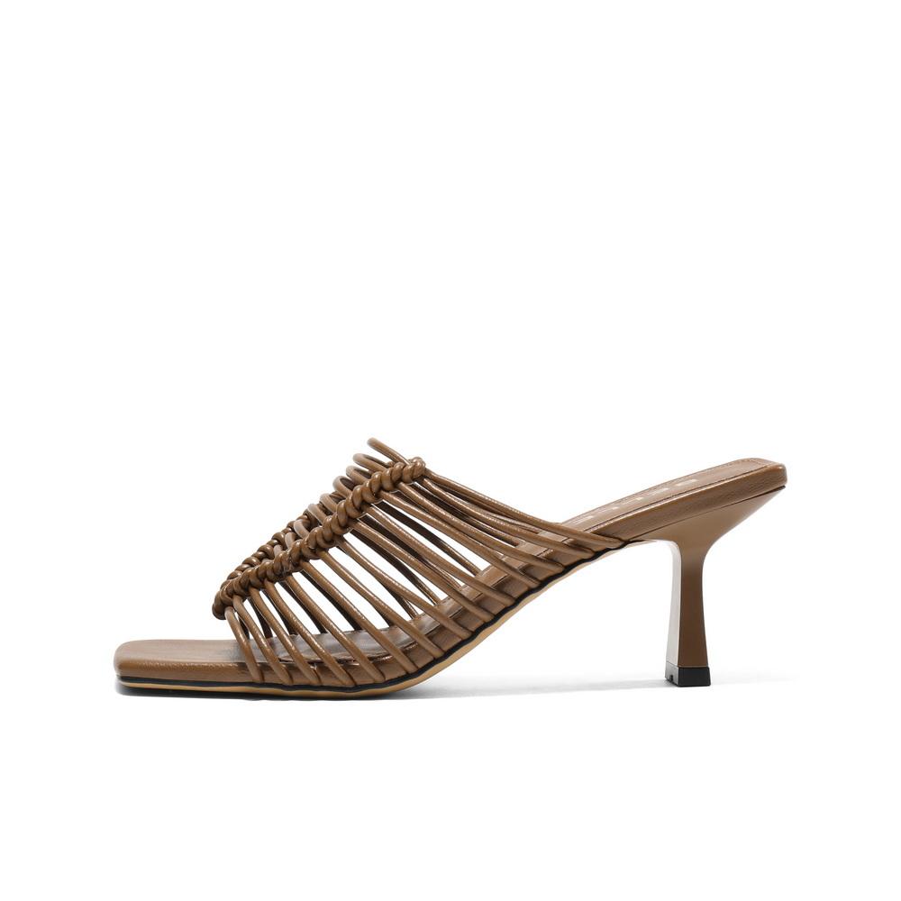 Belle Weaving Vacation Style One Word Dragged Women's 2025 Summer New Elegant Thin Heeled Slippers