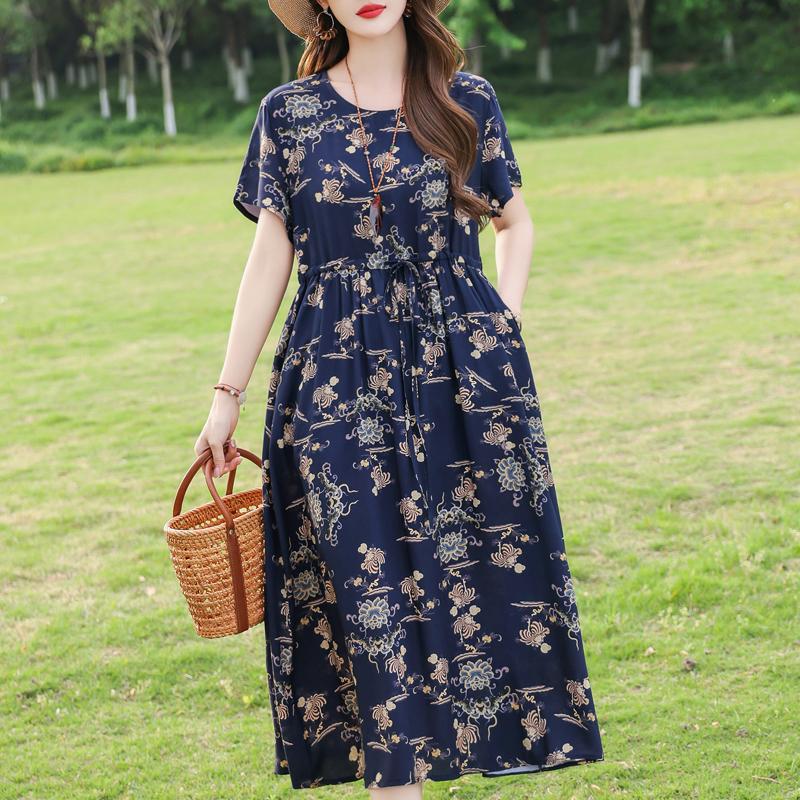 Женское длинное платье больших размеров, летнее платье с коротким рукавом и винтажным принтом для женщин