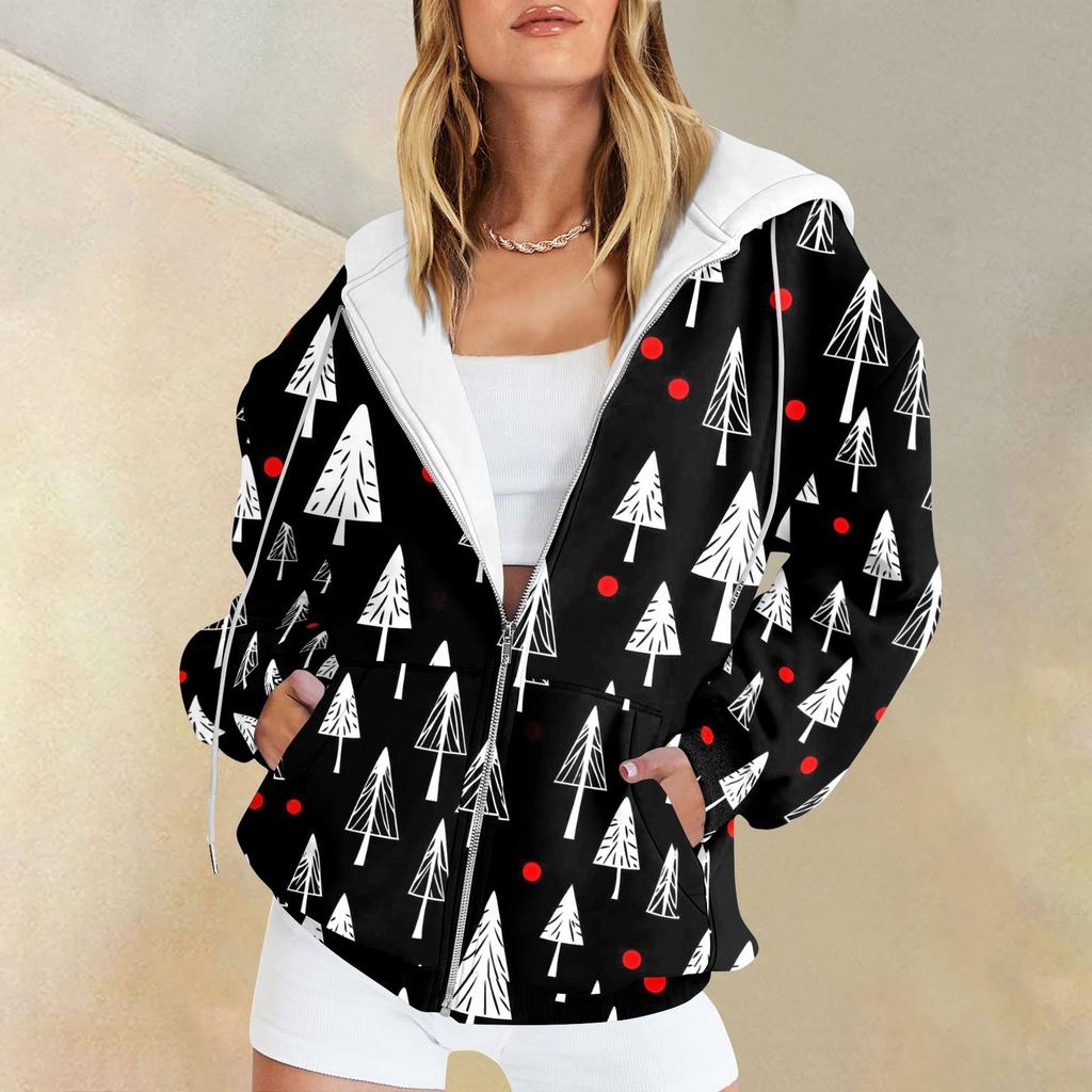 Женская мода повседневная рождественская принтовая толстовка осень-зима с длинным рукавом кардиган куртка с карманом на молнии толстовка с капюшоном куртка