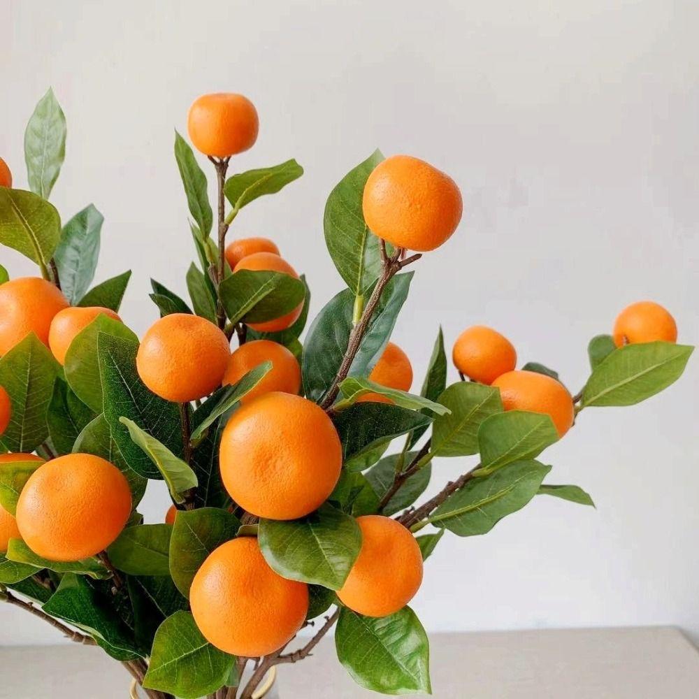 Plastic Realistic Imitation Fruit Stem Green Leaves Simulation Orange Wall Hanging Decor