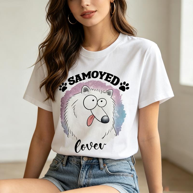 Samoyed Dog Graphic Crew Neck T Shirt Unisex Cute Pet Lover Print Short Sleeve Cotton Tee Casual Streetwear Top Summer Wear
