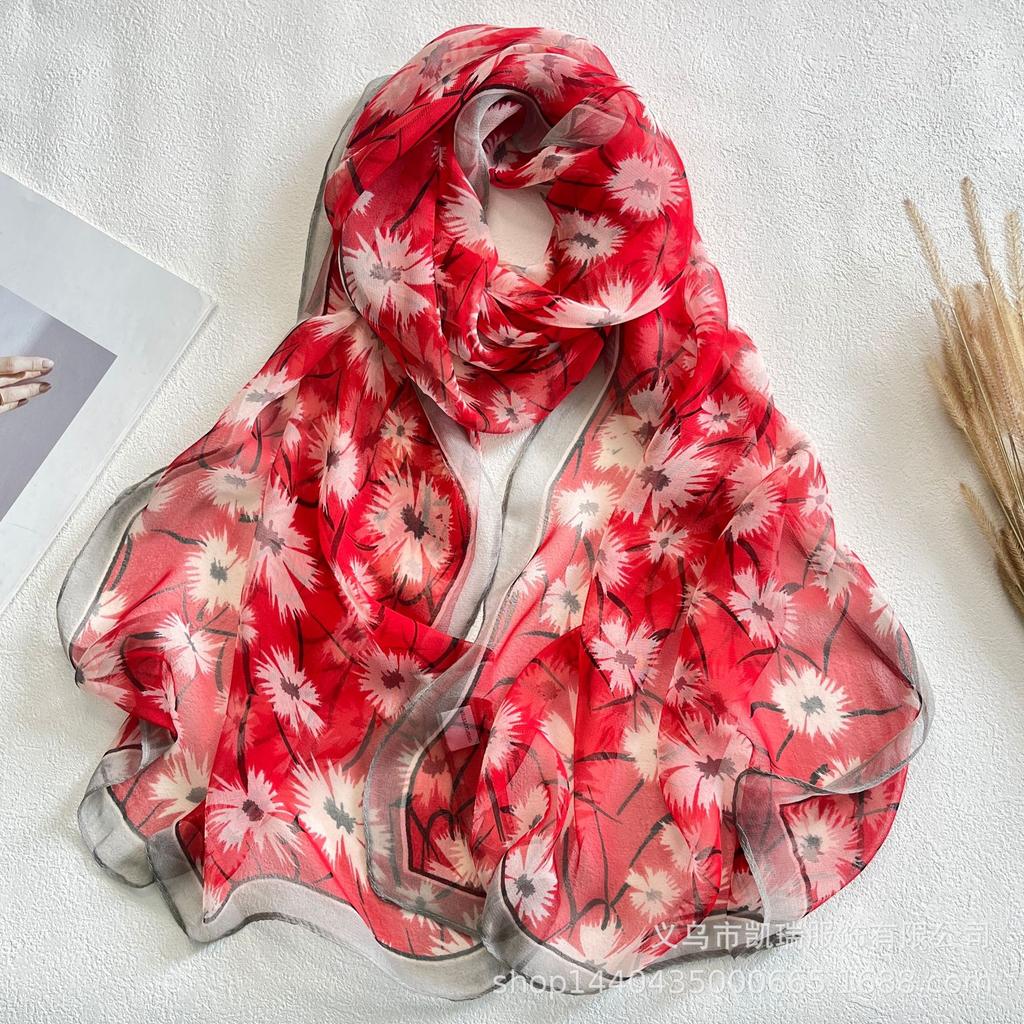 Новый длинный шелковый шарф с солнцезащитным кремом, тонкий искусственный шелк, весенне-летний женский шарф с принтом и украшением из жоржета