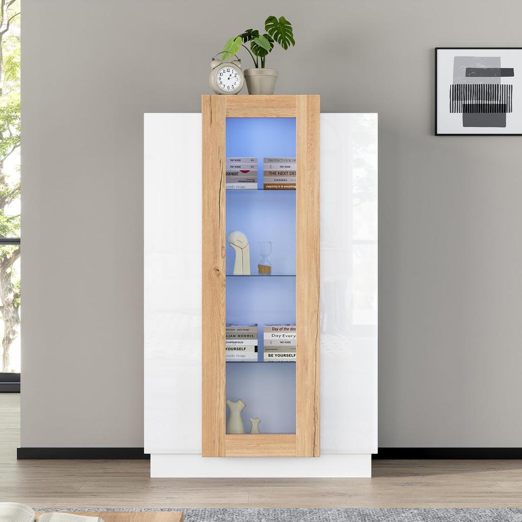 120cm, Transparente Vitrine Hochglanz LED, Bücherschrank 3 Türen & 3 Glasablagen, Hochschränk Standvitrine Wohnzimmer Schlafzimmer Büro,