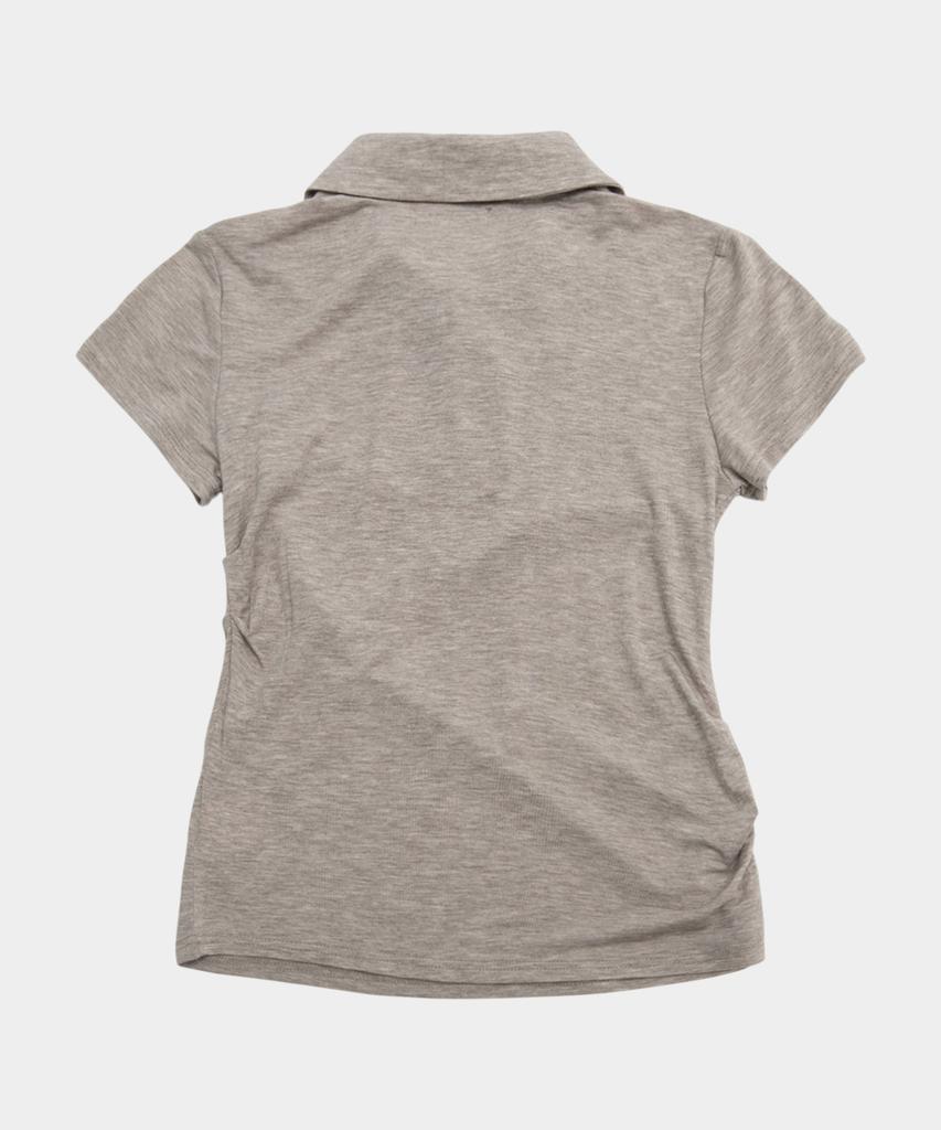 PLACE STUDIO Strap Side Shirring Slim Fit Standard Women'S Collar Soft Short Sleeve T-Shirt [Beige]