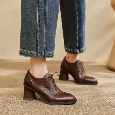 Мода 2025 Новая Осень Женская Обувь Круглый Носок Высокий Каблук Натуральная Кожа Массивный Каблук Женские Туфли Ретро Шнуровка Черная Обувь для Женщин