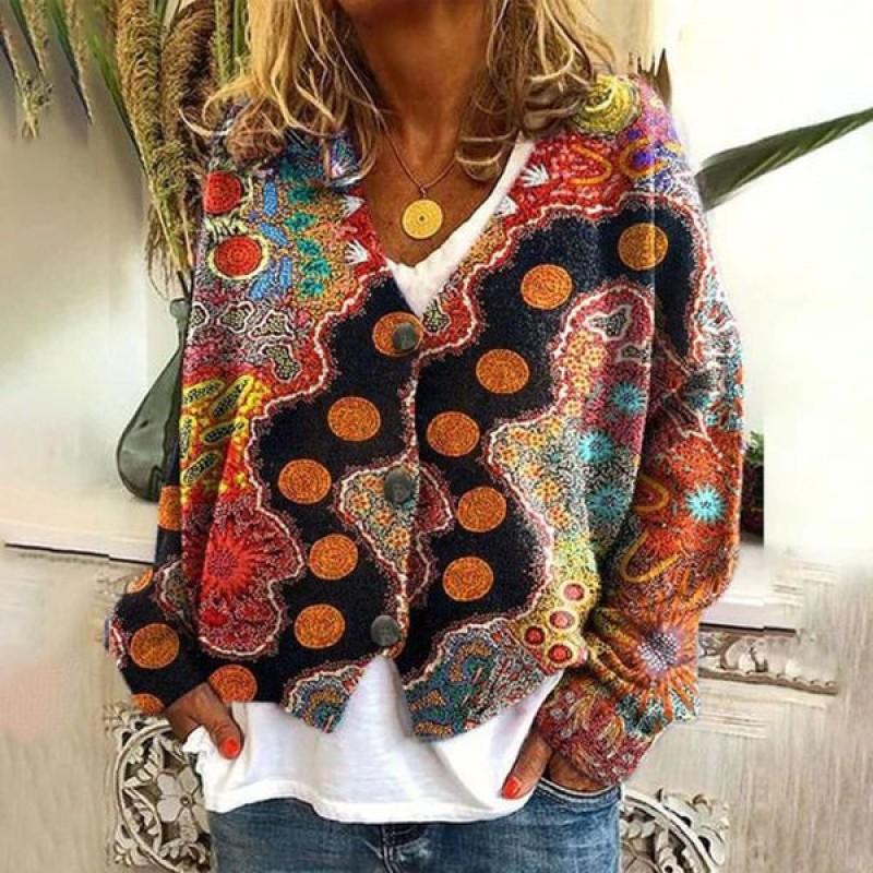 Womens Soft Knit Cardigan With 3D Digital Print Loose Fit Long Sleeve Open Front Sweater Casual Style