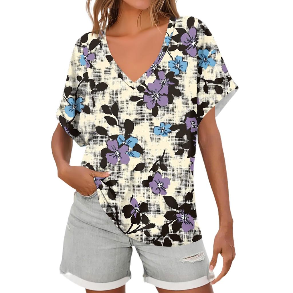 Womens Short Sleeve V-Neck Shirts Floral Print Loose Casual Basic Tees Summer Tops