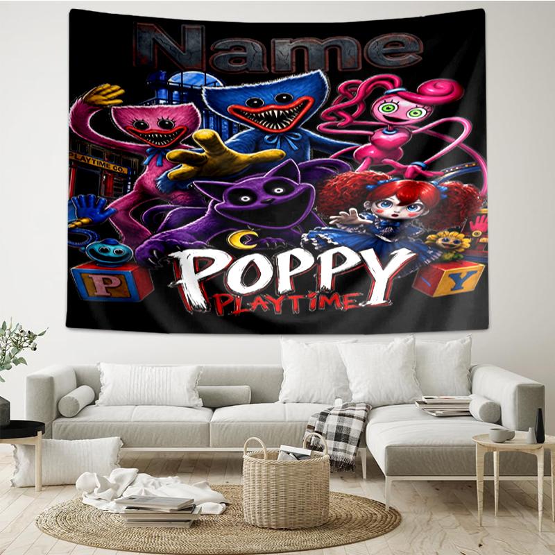 Custom Name Huggy Wuggy Print Tapestry, Backdrop, Easy Setup, Ideal for Bedroom, Office & Living Room, with Aesthetic Wall Hanging Decor.