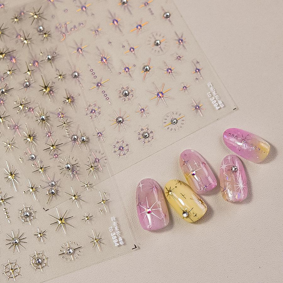 5D Bronzing Star Nail Art Stickers 1pcs Luxury Diamond Gold Sliver Laser Pentacle Self Adhesive Nail Decorations Slider Decals
