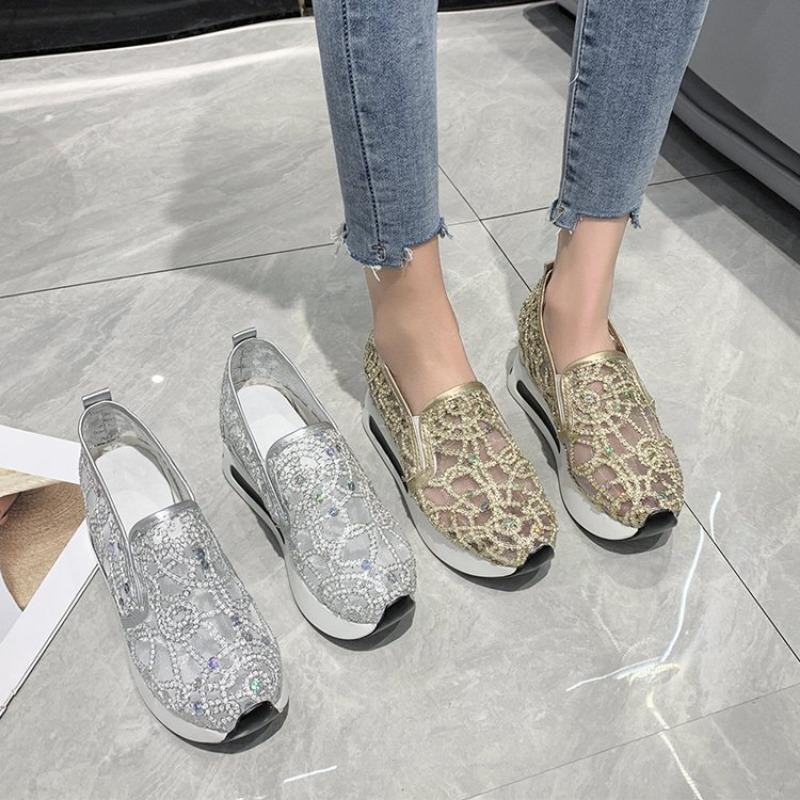 Large Size Mesh Sports Single Shoes Women's Summer Breathable Rhinestone Platform Sandals Women