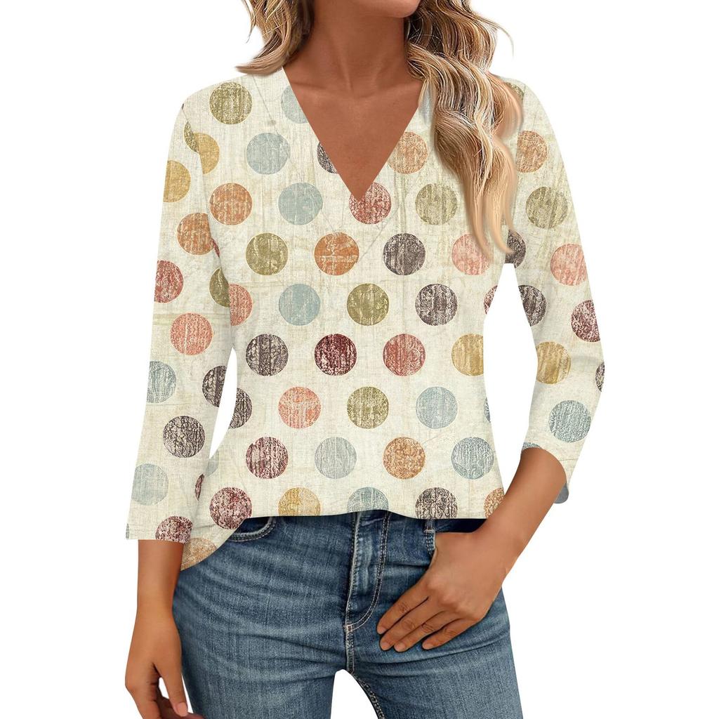 Женские рубашки с рукавом 3/4, топы с принтом и V-образным вырезом, повседневные топы, базовые футболки, блузки, свободные топы