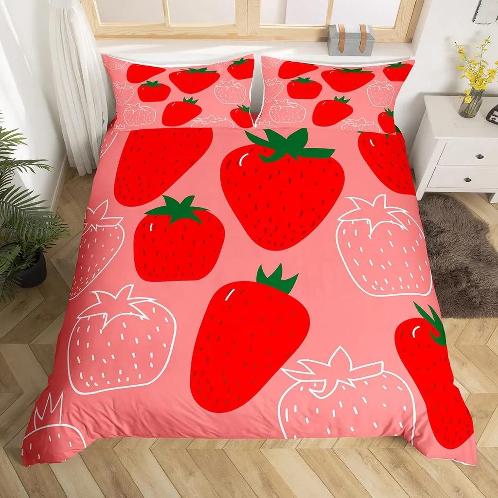 Strawberry Duvet Cover SetRed Strawberry Bedding Set For Girls Cute Black White Geometric Plaid Grid Comforter Cover Full Size