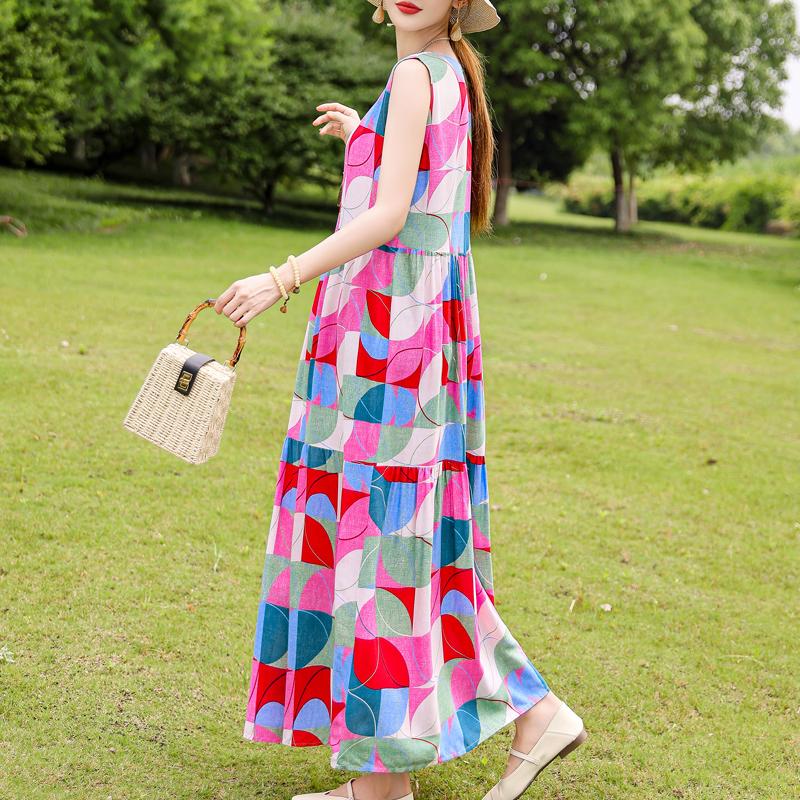 Элегантное женское платье без рукавов больших размеров с коротким рукавом и винтажным принтом, длинное платье, летняя повседневная женская одежда среднего возраста
