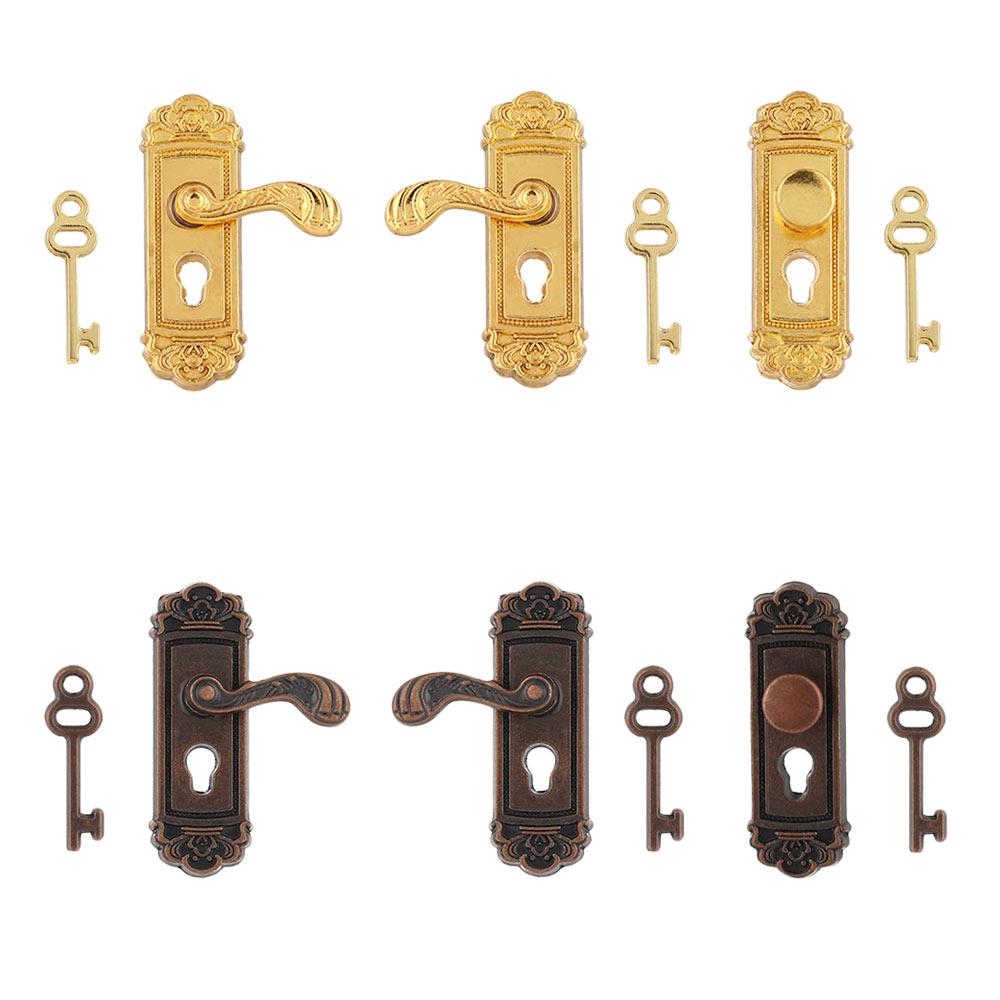 Style Keyhole Plate Dollhouse Lock Key Set Miniature Door Handles Brass Knobs Mini Furniture Pull