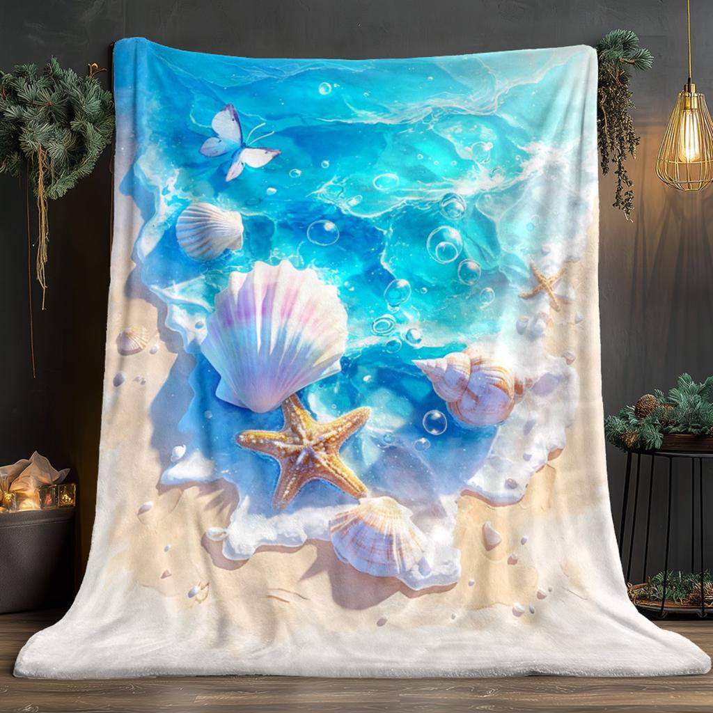 Фланелевое одеяло с принтом ракушек в синем океане, мягкое, легкое, для дивана, путешествий, офиса, кровати, хороший домашний подарок