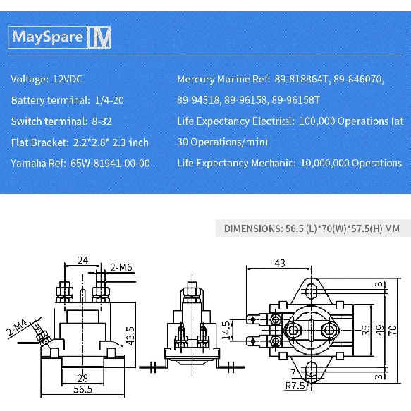 MaySpare 2PCS 12V Power Trim Solenoid Switch For Mercury Mariner Outboard Motors 35-275 HP 89-846070 89-94318 MerCruiser 89-96158T
