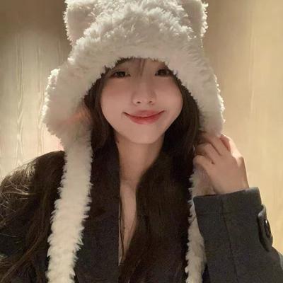 Милая шапка с ушками медведя женская зимняя большая окружность головы вязаная пушистая шапка велосипедная морозостойкая пушистая шапка-пуловер