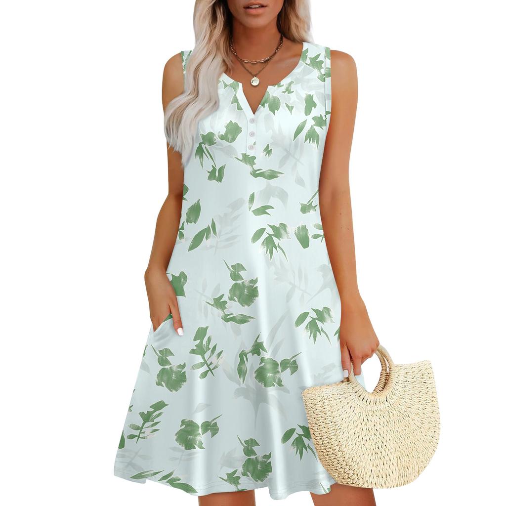 Womens Summer Dresses Loose V Neck Sleeveless Sundresses Dress With Pockets