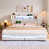 Upholstered Bed, 160x200cm, USB-C Charging Function, Ambient Lighting Strip, Headboard Storage, Hydraulic Storage, Without Mattress, LED Lights, Beige