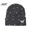 Warm Knit Hat for Large Heads Sparkly Winter Knitted Hat, Women Rhinestone with Faux Pearl Bow, Korean Style Headwear Stretch Cuffed Ribbed Skull Cap