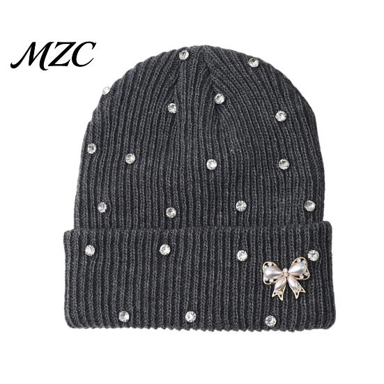 Warm Knit Hat for Large Heads Sparkly Winter Knitted Hat, Women Rhinestone with Faux Pearl Bow, Korean Style Headwear Stretch Cuffed Ribbed Skull Cap