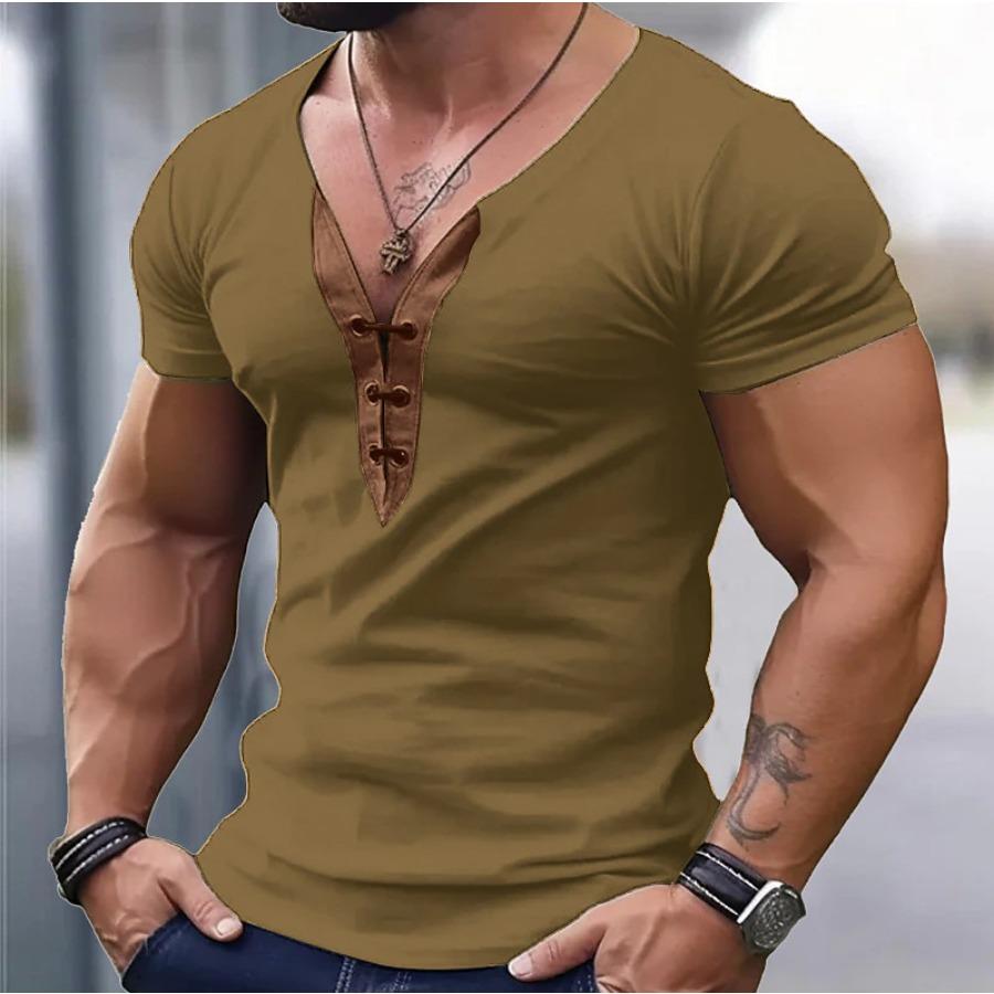Summer Men's Tee V-neck Color Matching Short Sleeve T-shirt Youth Slim Fit Sports Fitness Men Top