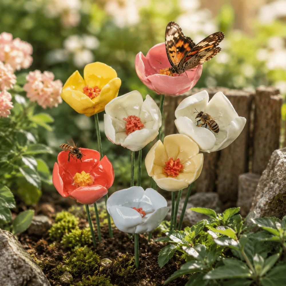 3Pcs Ceramic Bee Butterfly Water Dispenser Flower-Shaped Artificial Flower Indoor Outdoor