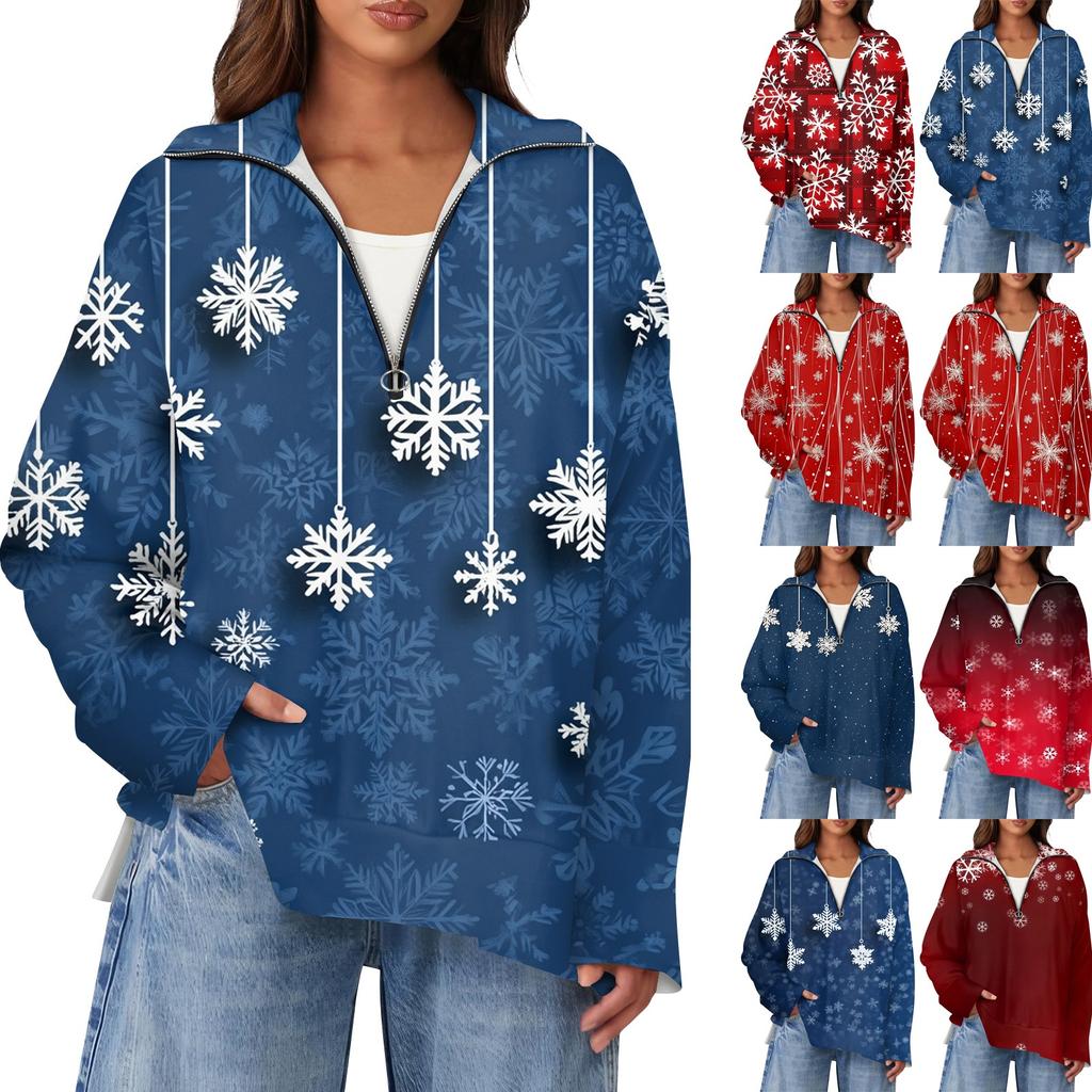 Женский повседневный свитер с полумолнией и лацканами со снежинками и разрезом сверху по бокам, модная одежда