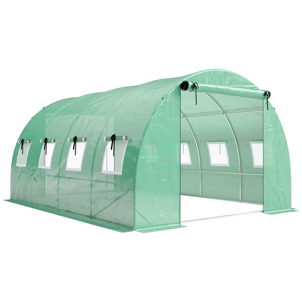 Greenhouse approx. 4 x 3 x 2 m Foil Greenhouse with Roll-up 2 Zip Doors & 8 Mesh Windows Support Poles Green